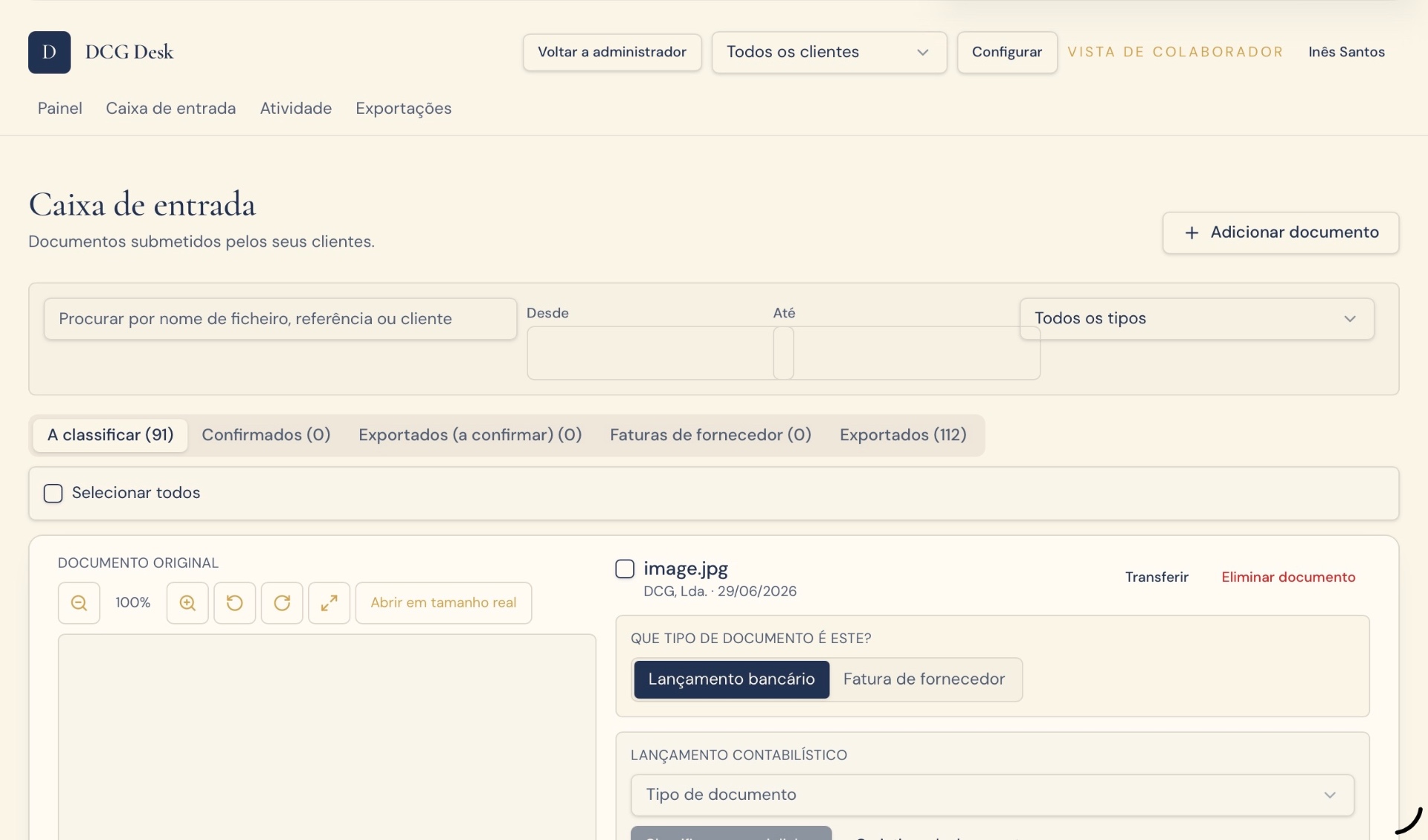 DCG Desk desktop view: accountant dashboard with document classification and Sage export