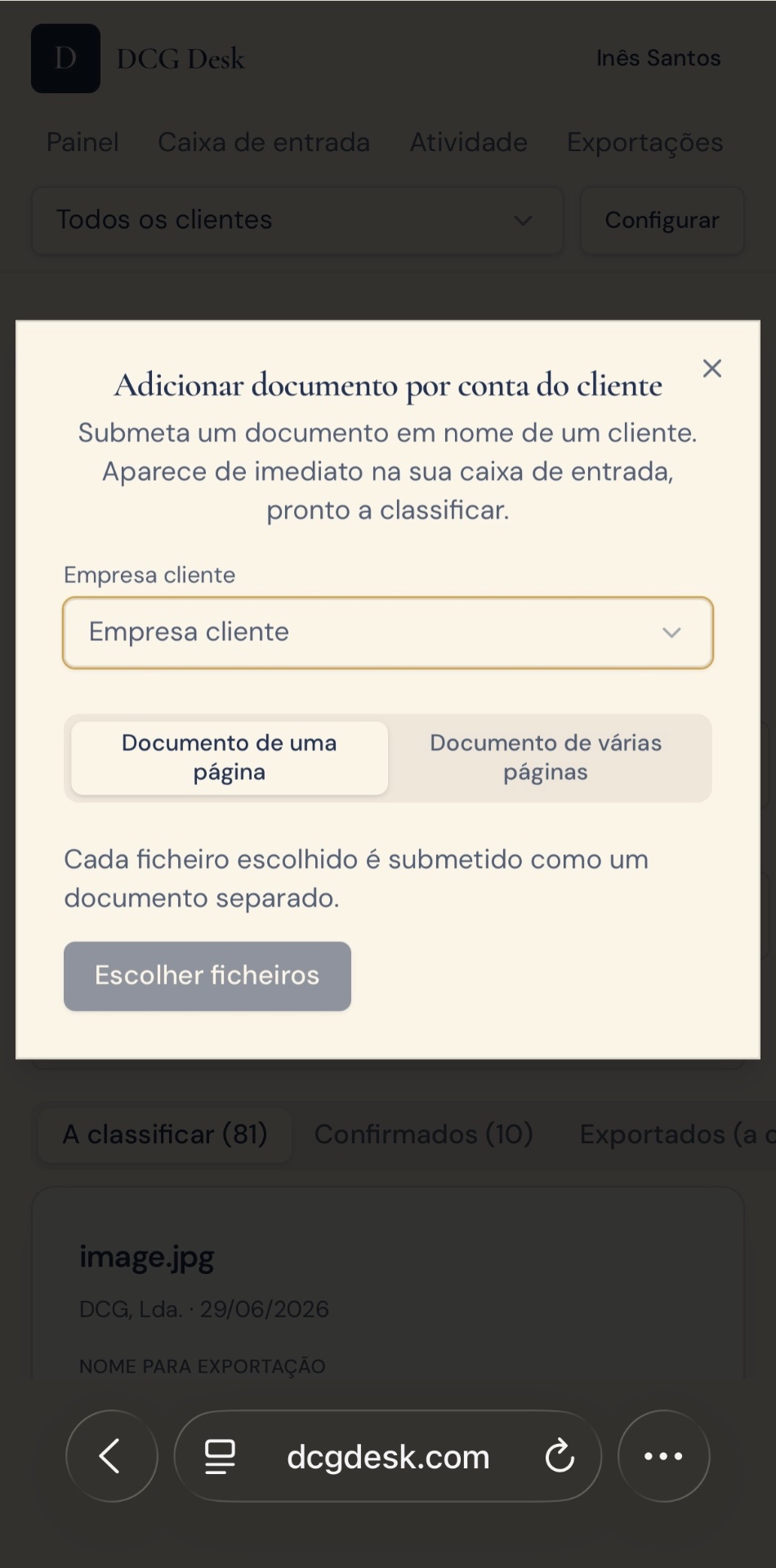 DCG Desk mobile view: client photographing a document from their phone