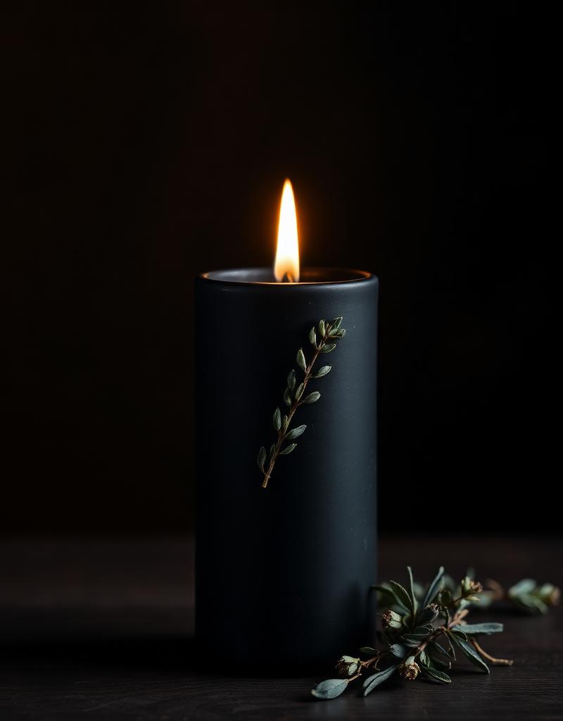 Tall dark ceramic candle vessel with dried eucalyptus and a lit flame