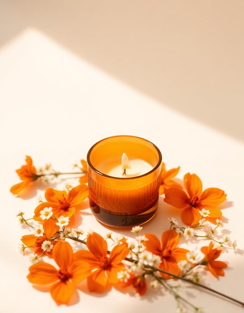 Small amber glass candle vessel with orange blossom on a cream background