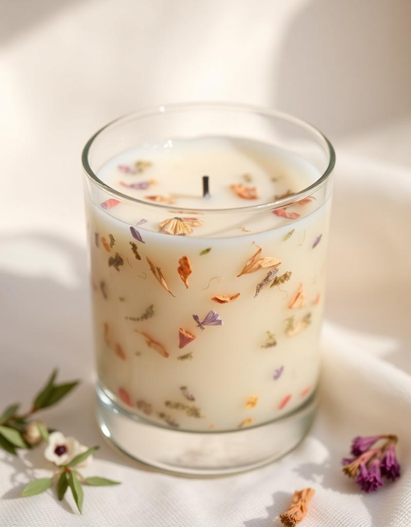 Clear glass candle with dried botanicals suspended in pale soy wax